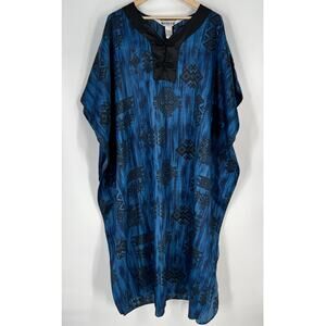 Vtg Winlar Satin Caftan House Dress Womens One Size Blue Black Geometric Kaftan